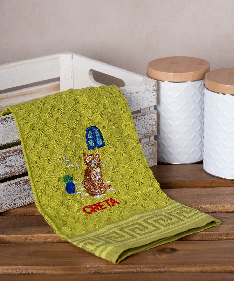 Σετ 12 τεμαχίων ποτηρόπανα γκοφρέ (50cm x 70cm) πράσινο γάτα CRETA