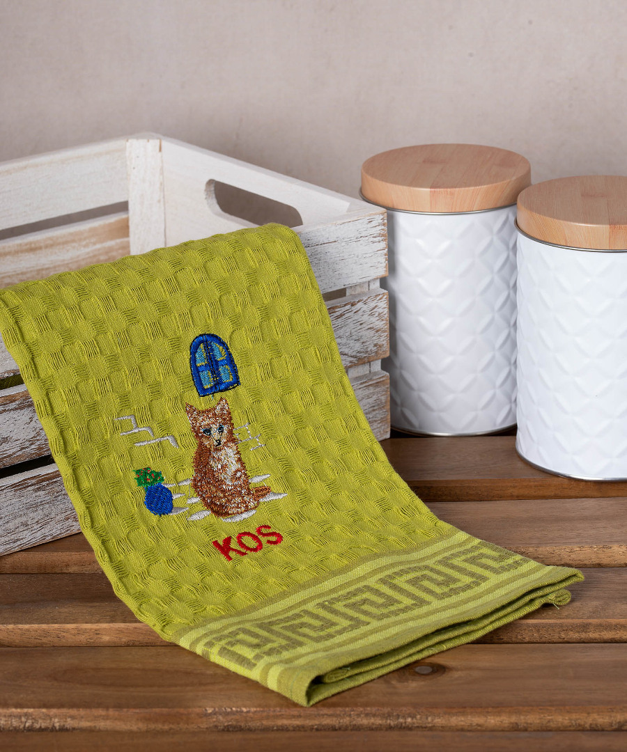 Σετ 12 τεμαχίων ποτηρόπανα γκοφρέ (50cm x 70cm) πράσινο γάτα KOS