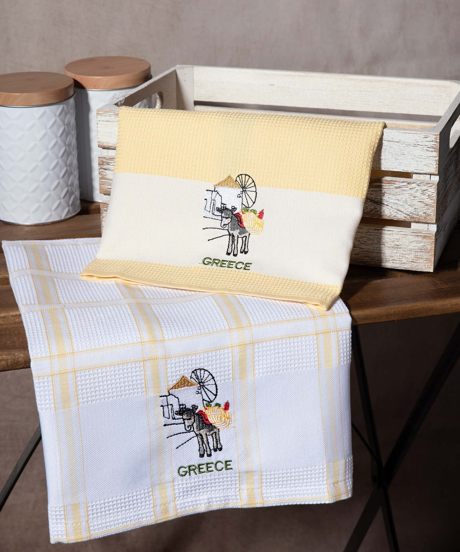 Σετ 2 τεμαχίων ποτηρόπανα (50cm x 70cm) ανεμόμυλος κίτρινο GREECE