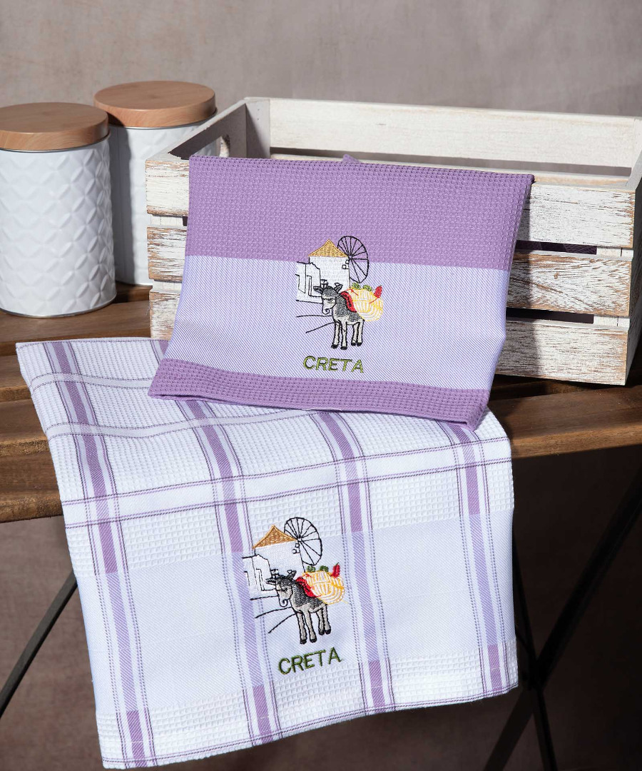 Σετ 2 τεμαχίων ποτηρόπανα (50cm x 70cm) ανεμόμυλος λιλά CRETA