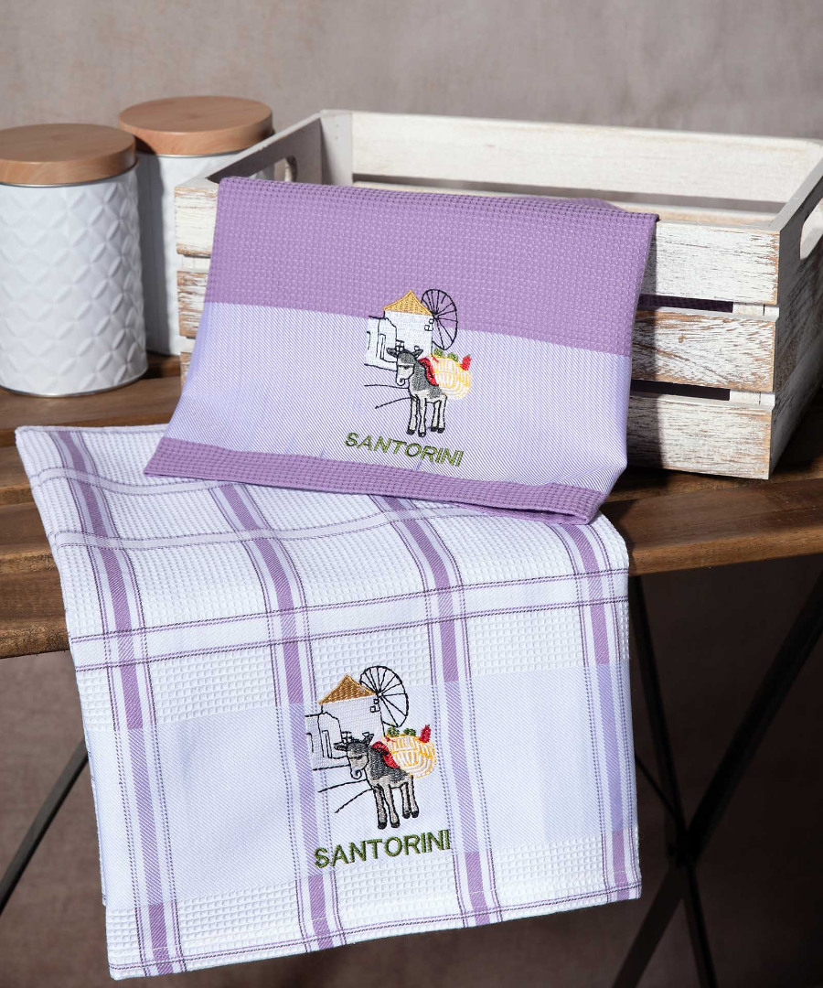 Σετ 2 τεμαχίων ποτηρόπανα (50cm x 70cm) ανεμόμυλος λιλά SANTORINI