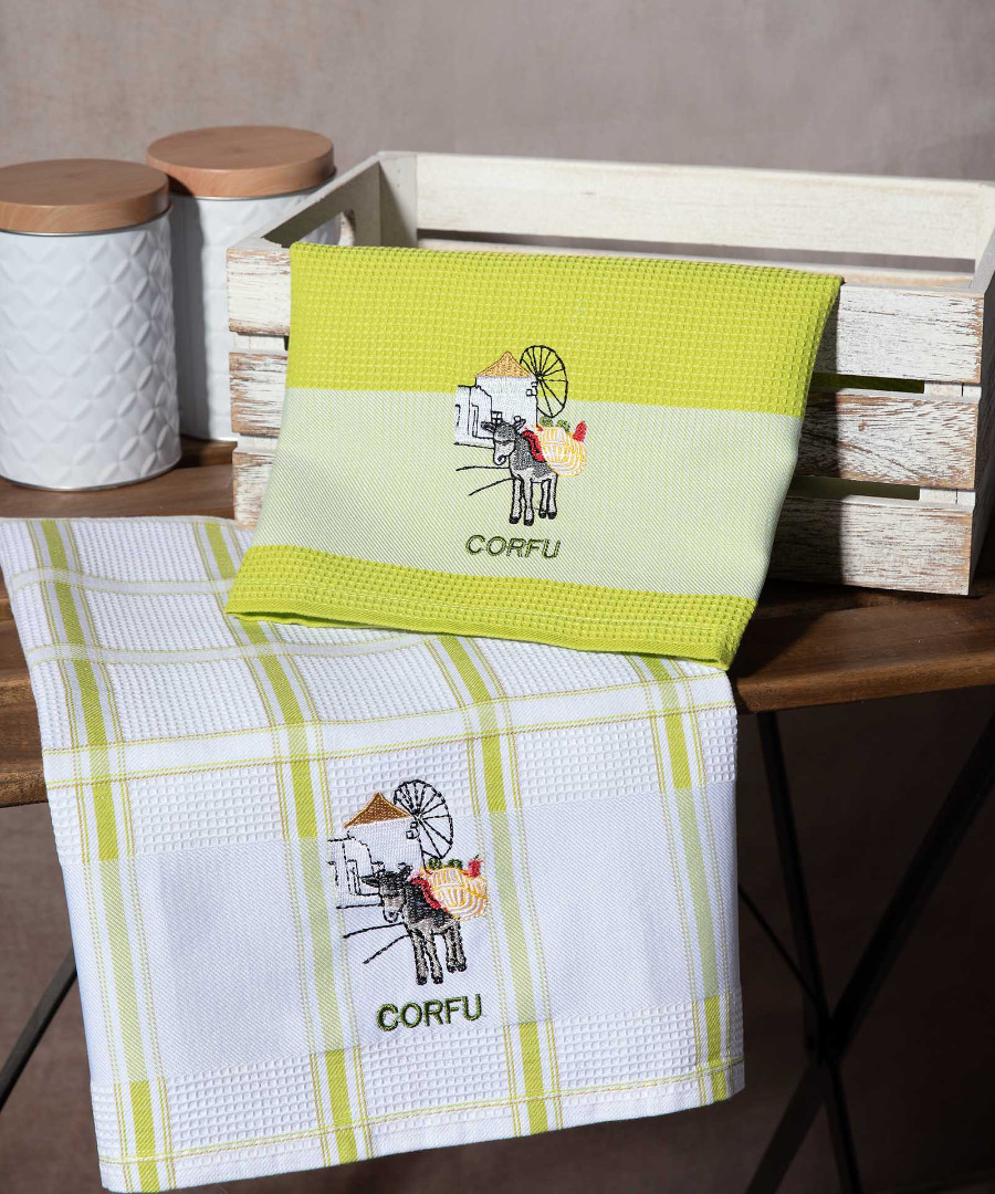 Σετ 2 τεμαχίων ποτηρόπανα (50cm x 70cm) ανεμόμυλος πράσινο CORFU