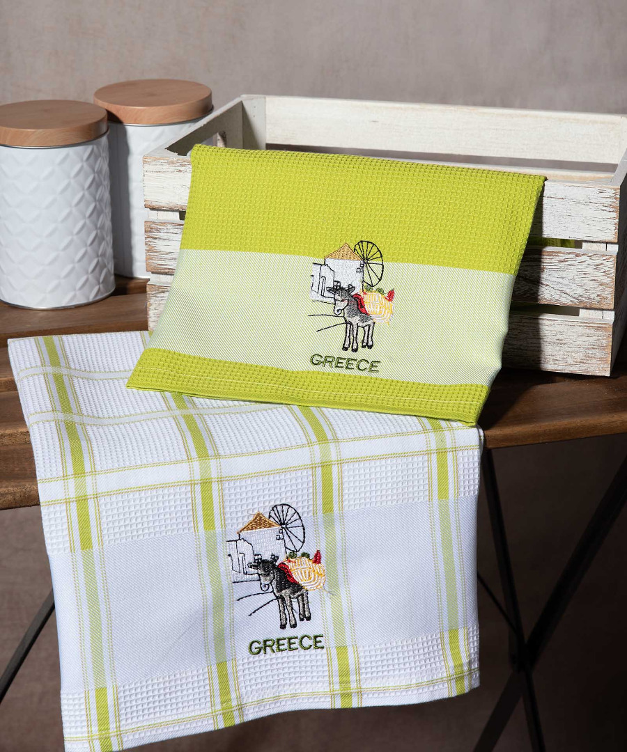 Σετ 2 τεμαχίων ποτηρόπανα (50cm x 70cm) ανεμόμυλος πράσινο GREECE