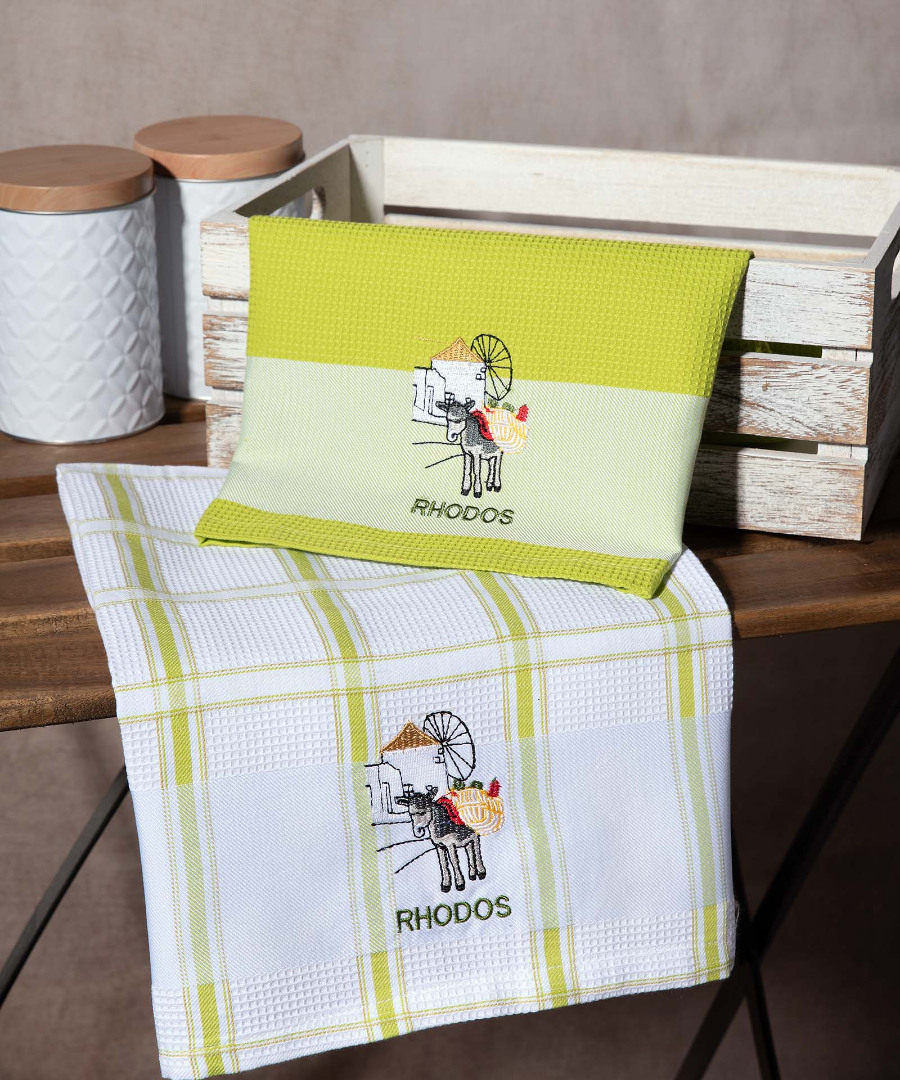 Σετ 2 τεμαχίων ποτηρόπανα (50cm x 70cm) ανεμόμυλος πράσινο RHODES
