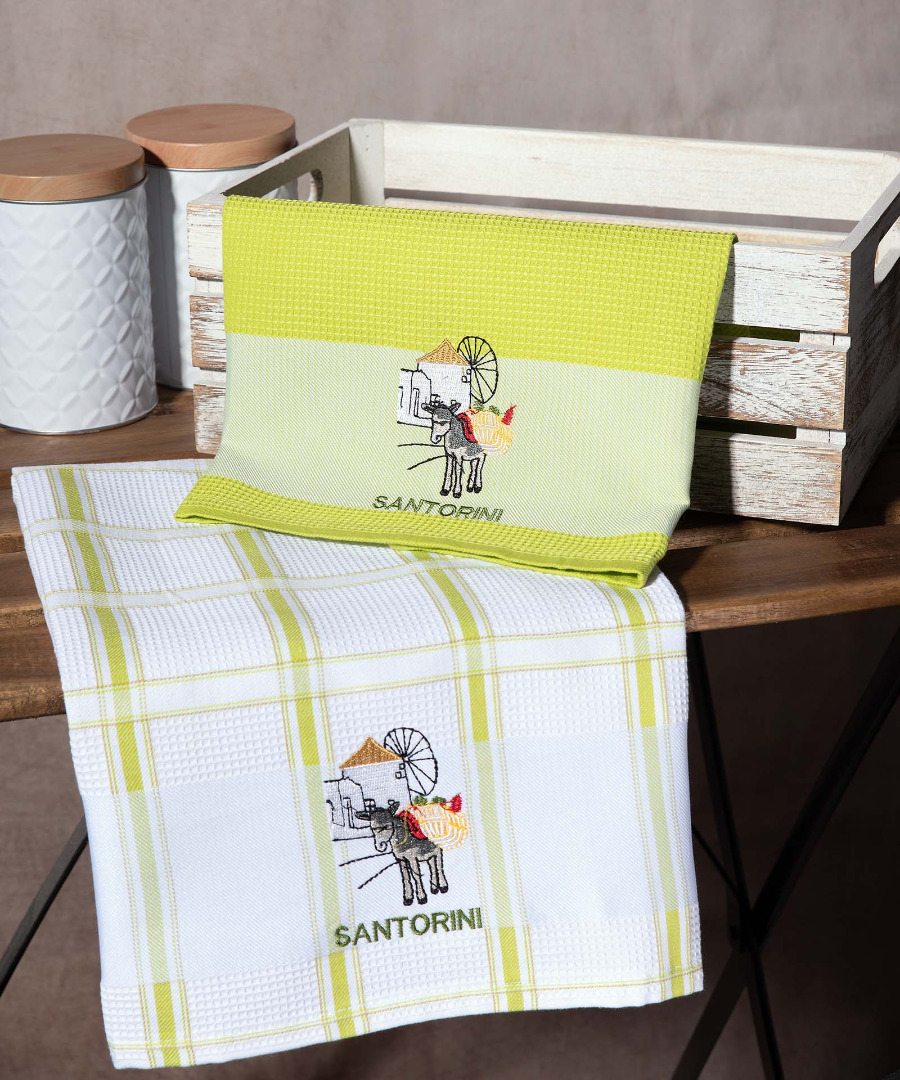 Σετ 2 τεμαχίων ποτηρόπανα (50cm x 70cm) ανεμόμυλος πράσινο SANTORINI