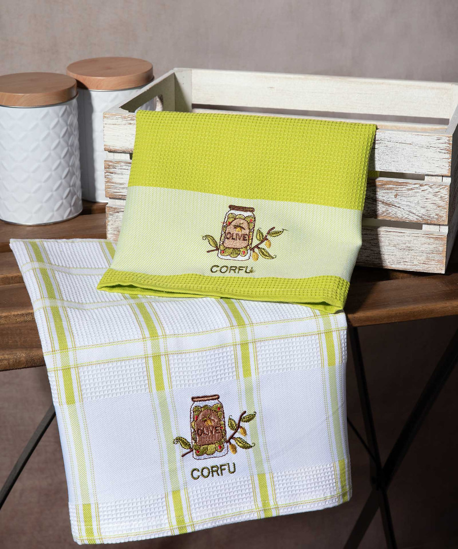 Σετ 2 τεμαχίων ποτηρόπανα (50cm x 70cm) βάζο πράσινο CORFU