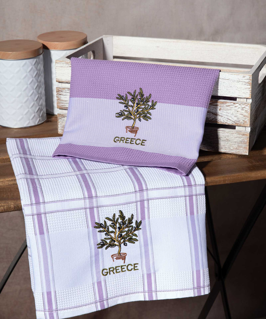 Σετ 2 τεμαχίων ποτηρόπανα (50cm x 70cm) γλάστρα λιλά GREECE