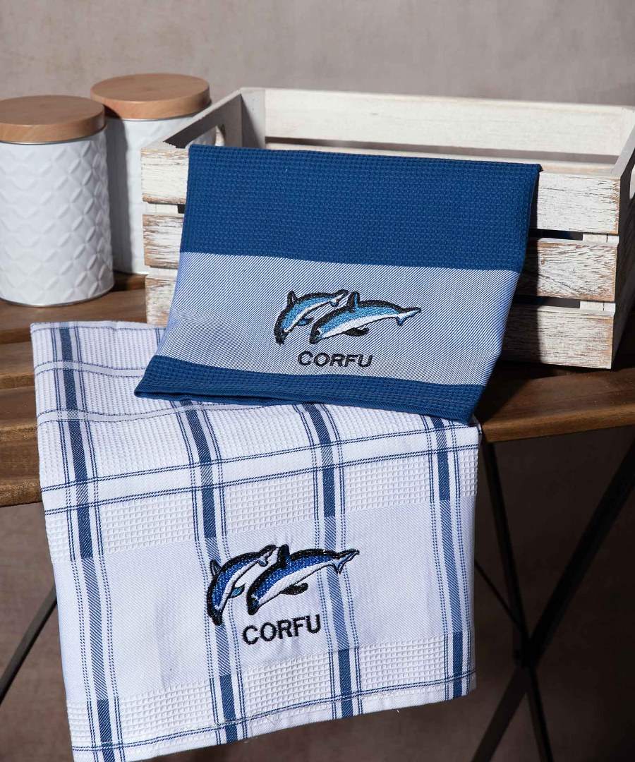 Σετ 2 τεμαχίων ποτηρόπανα (50cm x 70cm) μπλέ δελφίνι CORFU