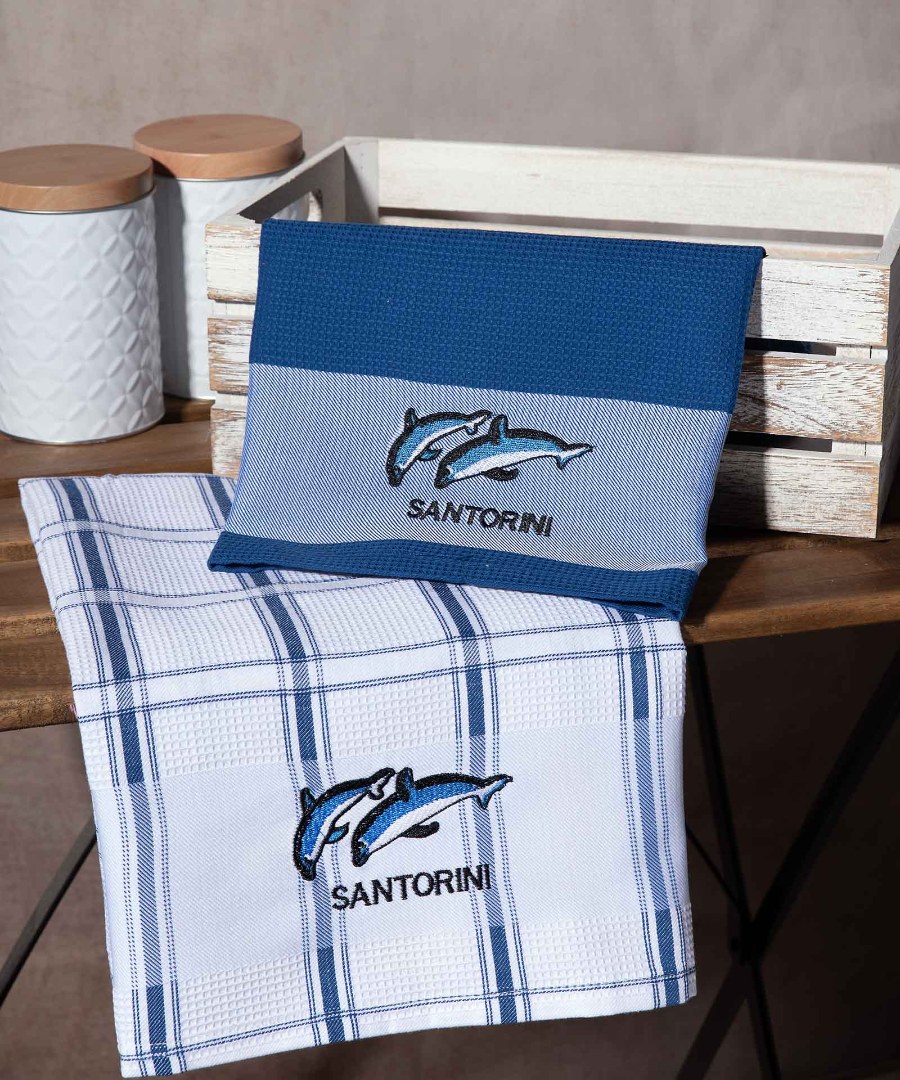 Σετ 2 τεμαχίων ποτηρόπανα (50cm x 70cm) μπλέ δελφίνι SANTORINI