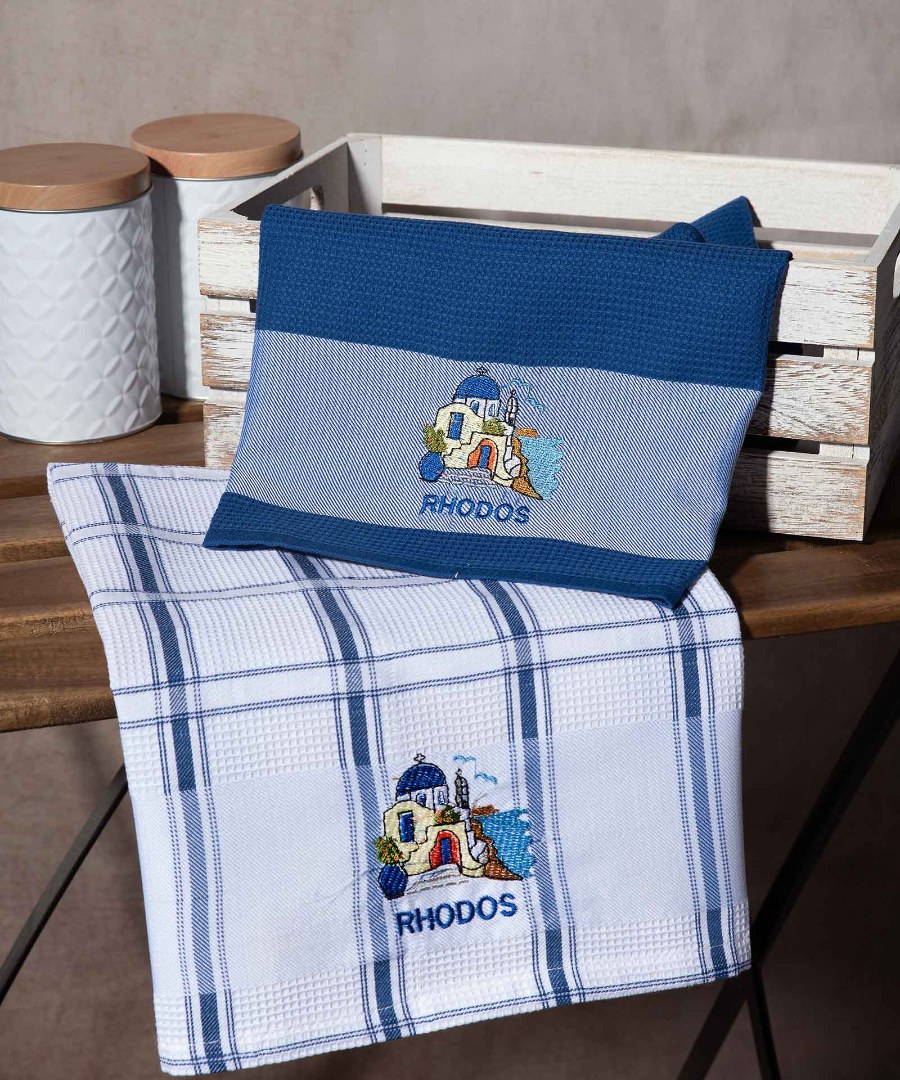 Σετ 2 τεμαχίων ποτηρόπανα (50cm x 70cm) μπλέ εκκλησία RHODES