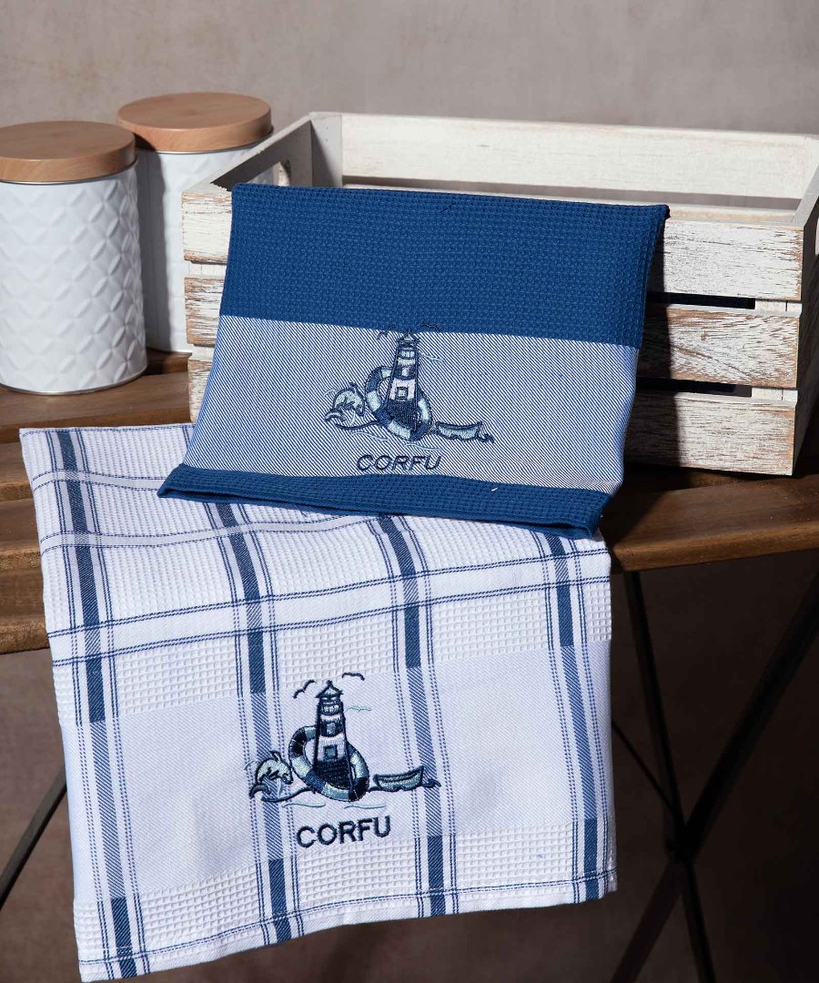 Σετ 2 τεμαχίων ποτηρόπανα (50cm x 70cm) μπλέ φάρος CORFU