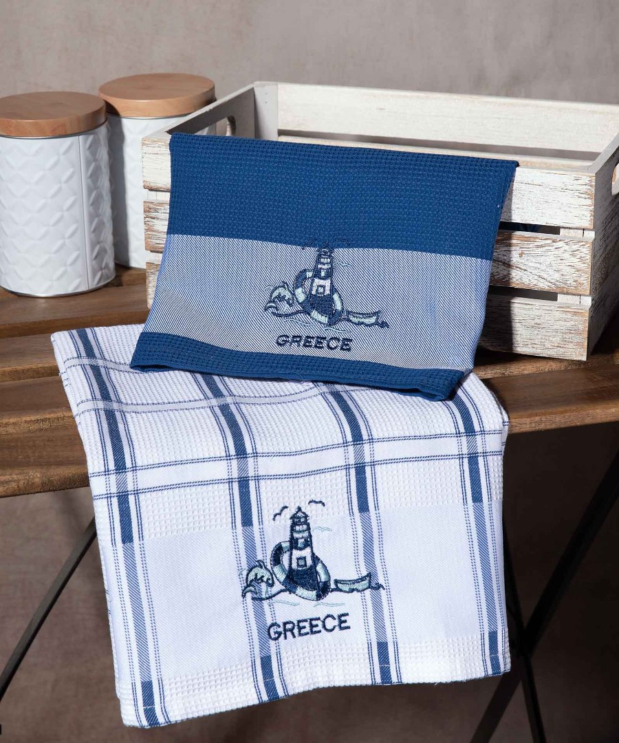 Σετ 2 τεμαχίων ποτηρόπανα (50cm x 70cm) μπλέ φάρος GREECE