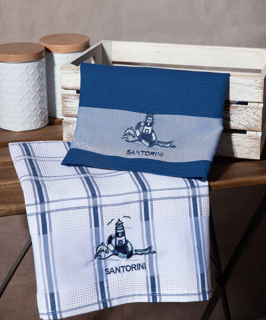 Σετ 2 τεμαχίων ποτηρόπανα (50cm x 70cm) μπλέ φάρος SANTORINI