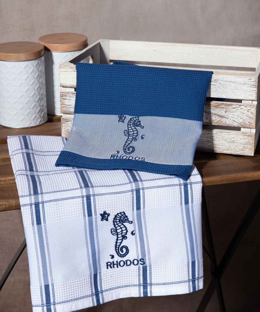Σετ 2 τεμαχίων ποτηρόπανα (50cm x 70cm) μπλέ ιππόκαμπος RHODES