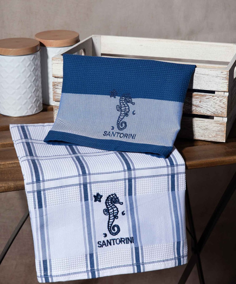 Σετ 2 τεμαχίων ποτηρόπανα (50cm x 70cm) μπλέ ιππόκαμπος SANTORINI