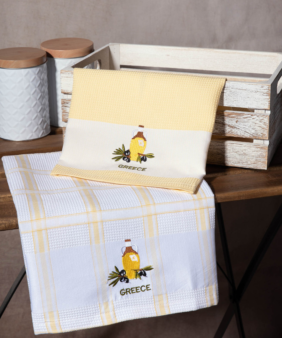 Σετ 2 τεμαχίων ποτηρόπανα (50cm x 70cm) μπουκάλι κίτρινο GREECE