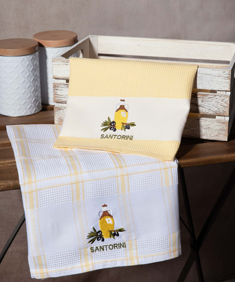 Σετ 2 τεμαχίων ποτηρόπανα (50cm x 70cm) μπουκάλι κίτρινο SANTORINI