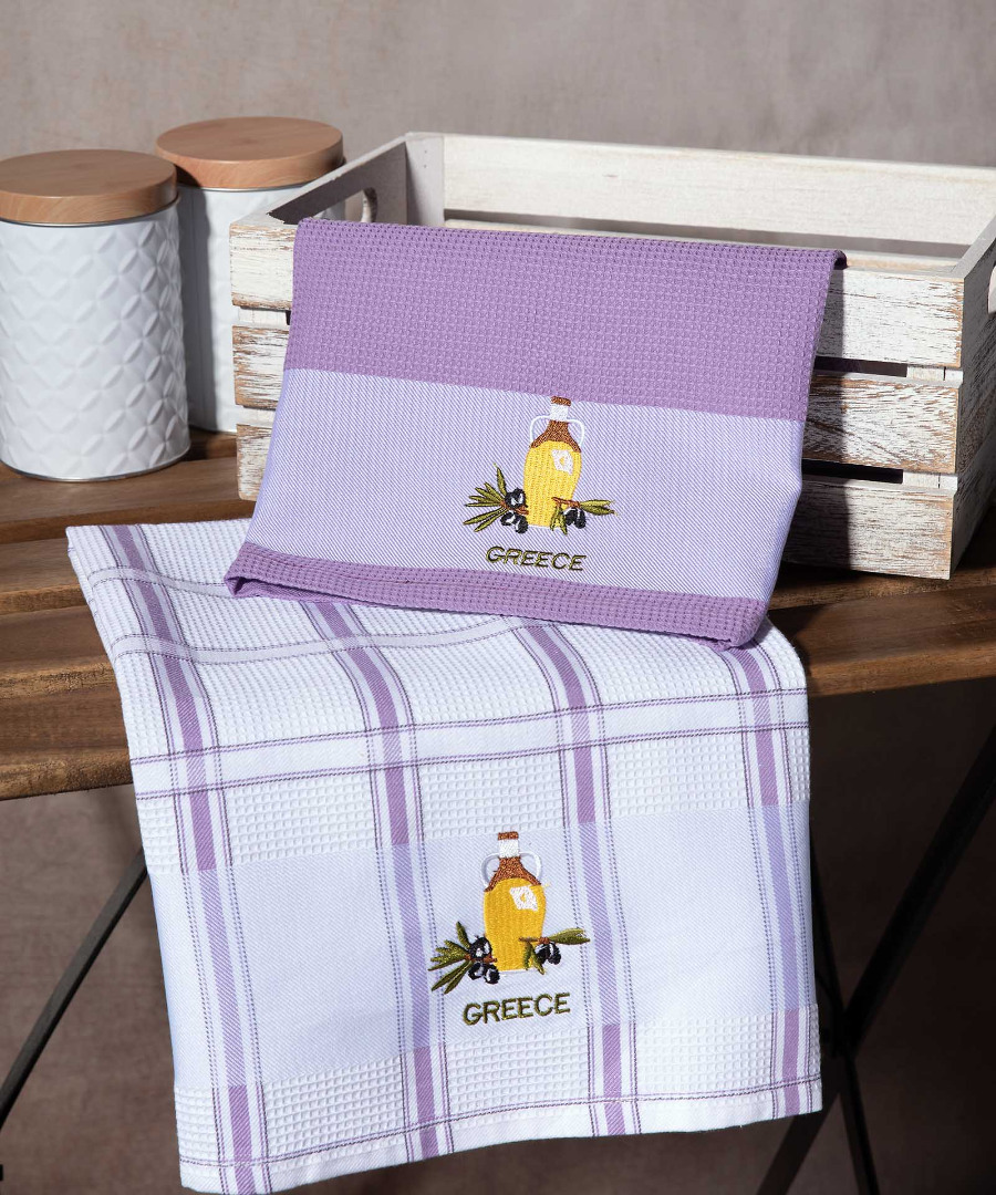 Σετ 2 τεμαχίων ποτηρόπανα (50cm x 70cm) μπουκάλι λιλά GREECE