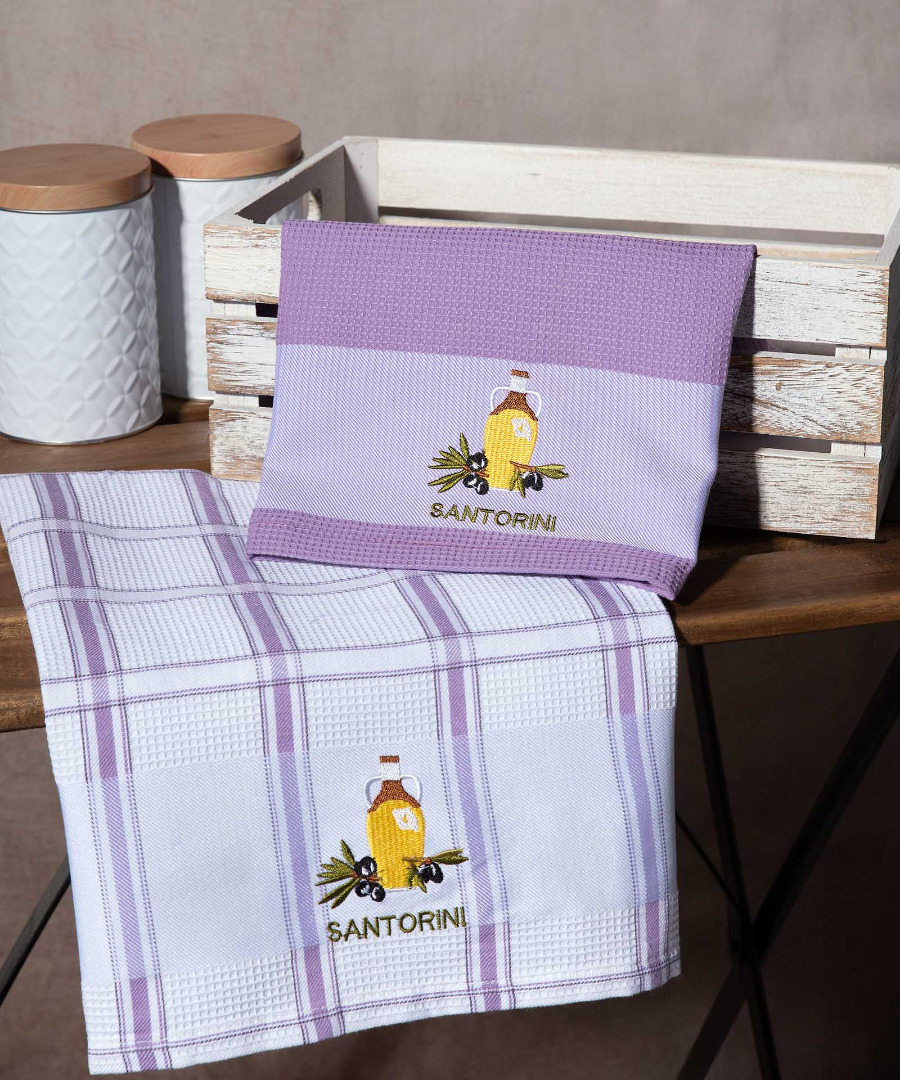 Σετ 2 τεμαχίων ποτηρόπανα (50cm x 70cm) μπουκάλι λιλά SANTORINI