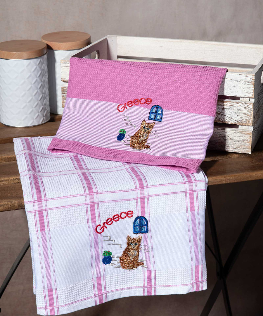 Σετ 2 τεμαχίων ποτηρόπανα (50cm x 70cm) ρόζ γάτα GREECE