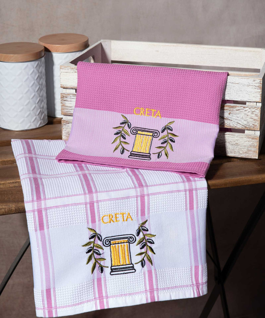 Σετ 2 τεμαχίων ποτηρόπανα (50cm x 70cm) ρόζ κίονας CRETA