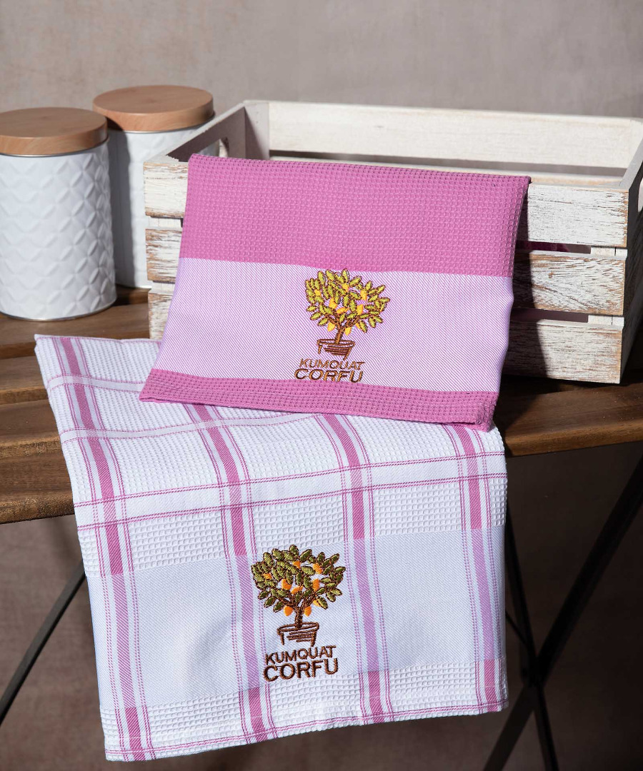 Σετ 2 τεμαχίων ποτηρόπανα (50cm x 70cm) ρόζ κουμ κουάτ CORFU