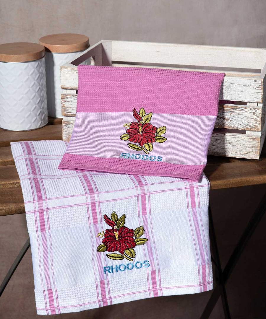 Σετ 2 τεμαχίων ποτηρόπανα (50cm x 70cm) ρόζ λουλούδι RHODES