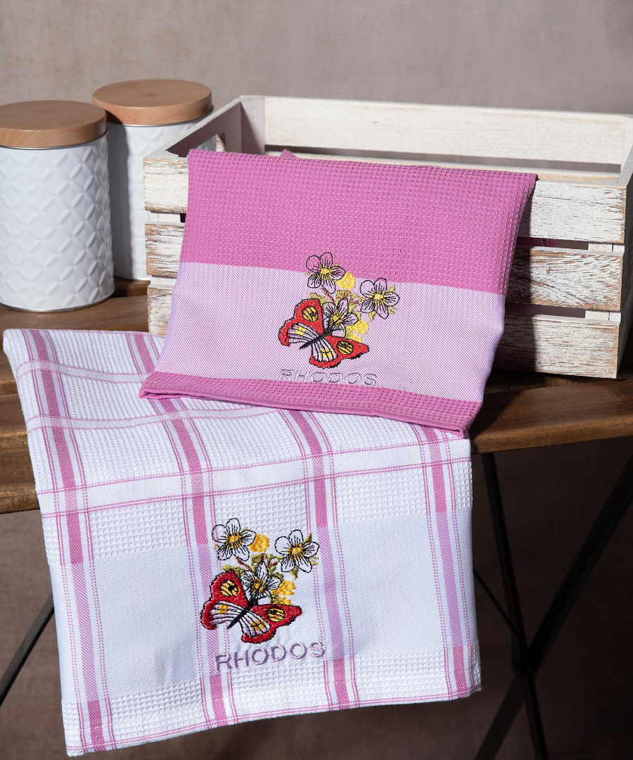Σετ 2 τεμαχίων ποτηρόπανα (50cm x 70cm) ρόζ πεταλούδα RHODES