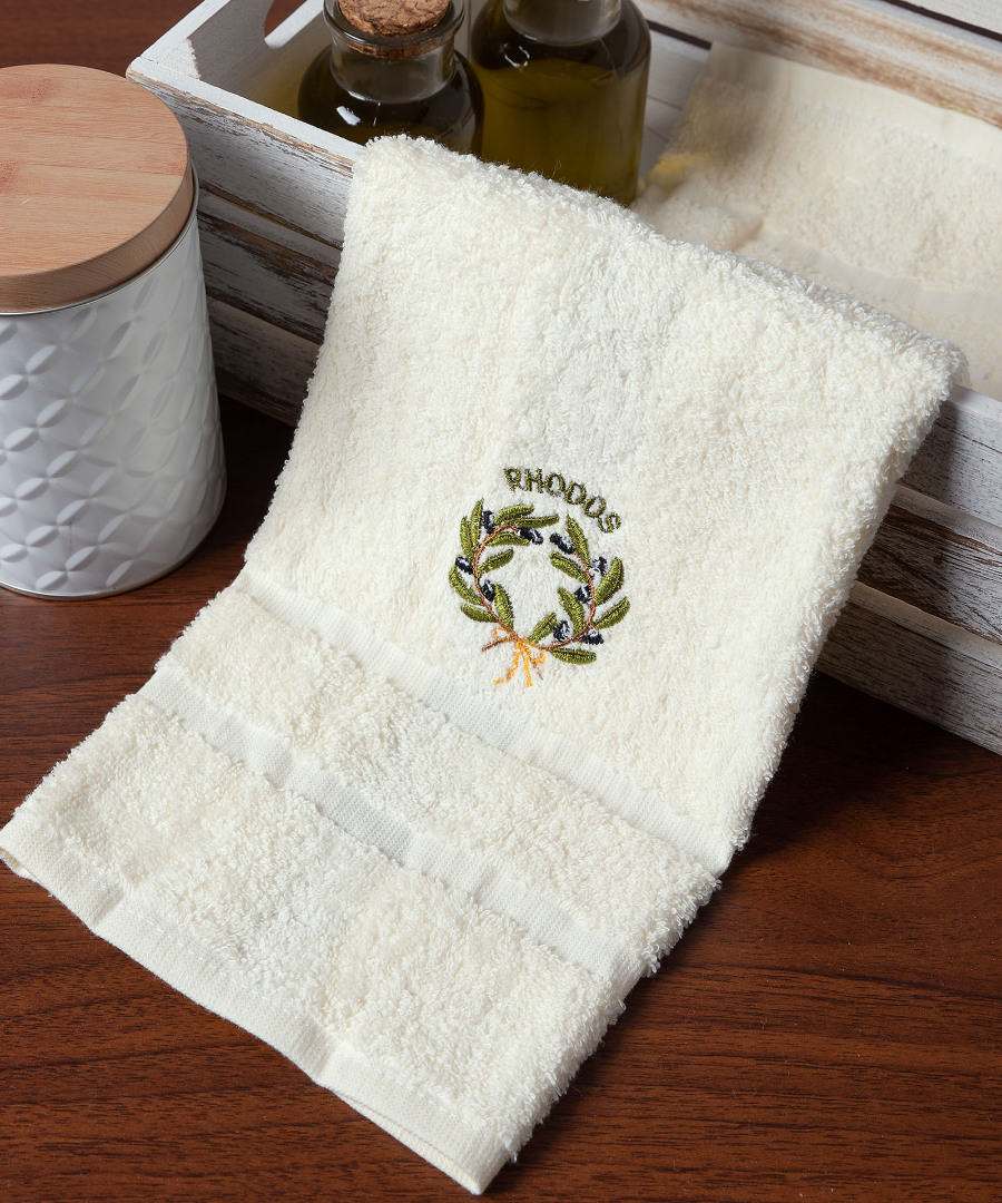 Δωδεκάδα πετσέτες χεριών (30cm x 50cm) ivory με στεφάνι ΡΟΔΟΣ