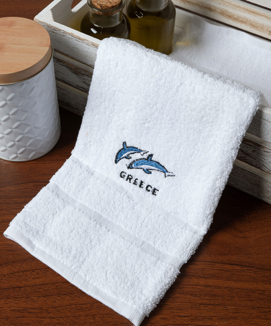 Δωδεκάδα πετσέτες χεριών (30cm x 50cm) λευκό με δελφίνια GREECE