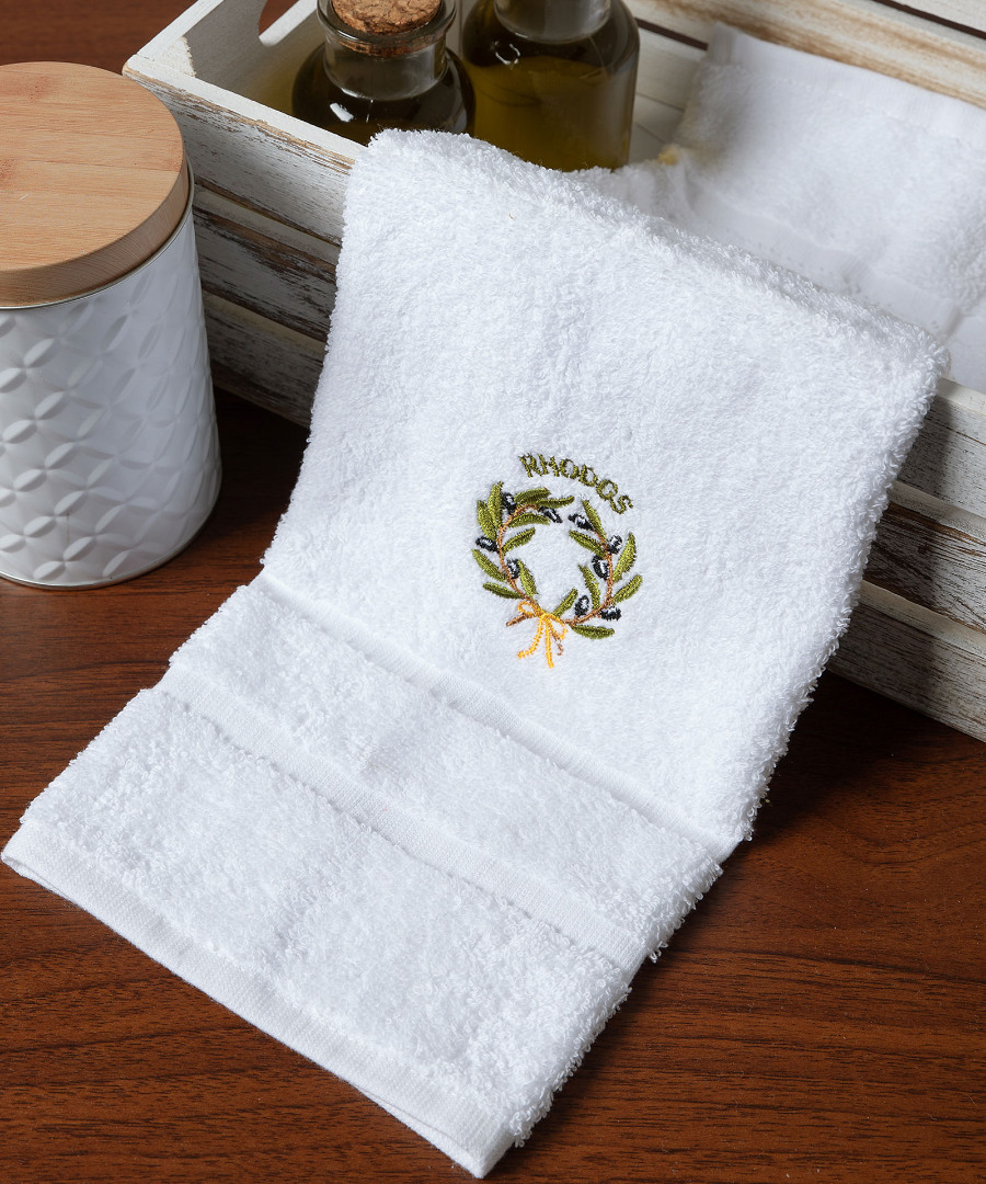 Δωδεκάδα πετσέτες χεριών (30cm x 50cm) λευκό με στεφάνι ΡΟΔΟΣ