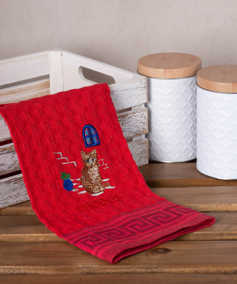 Σετ 12 τεμαχίων ποτηρόπανα γκοφρέ (50cm x 70cm) κόκκινο γάτα RHODES