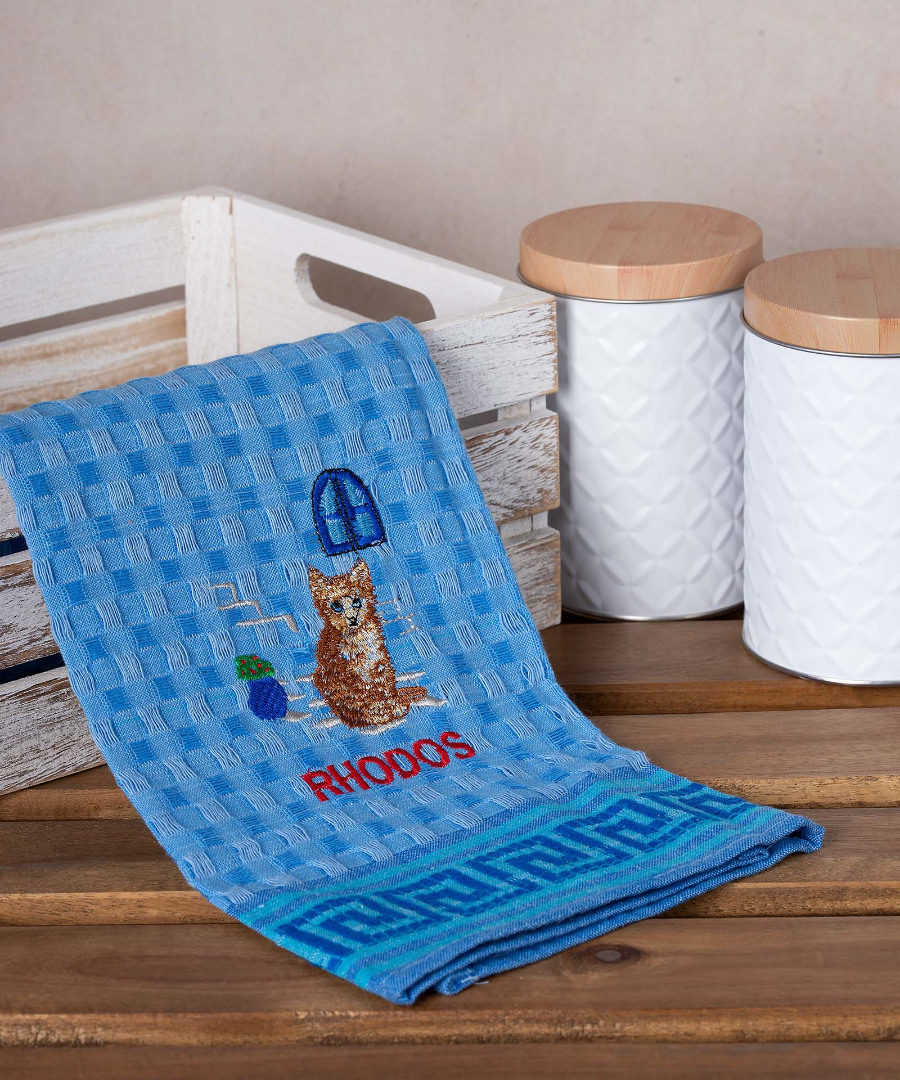 Σετ 12 τεμαχίων ποτηρόπανα γκοφρέ (50cm x 70cm) μπλέ γάτα RHODES