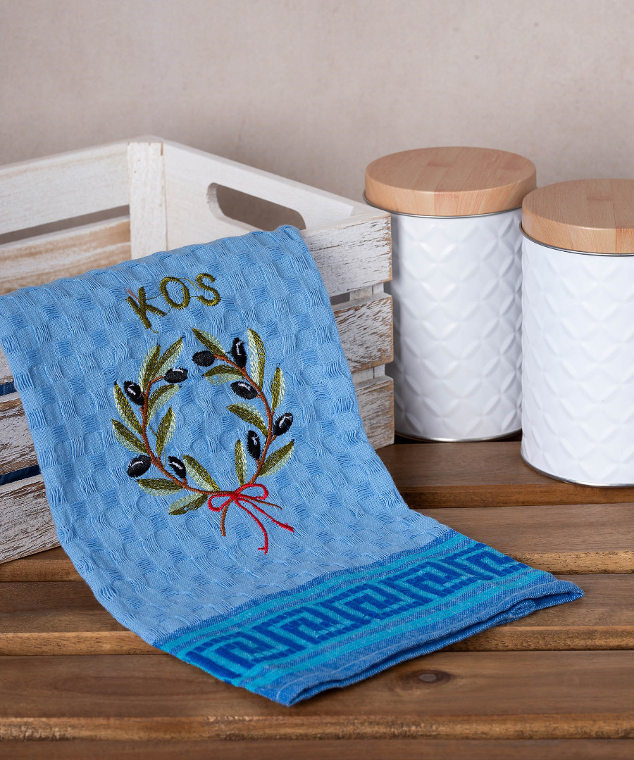 Σετ 12 τεμαχίων ποτηρόπανα γκοφρέ (50cm x 70cm) μπλέ στεφάνι KOS