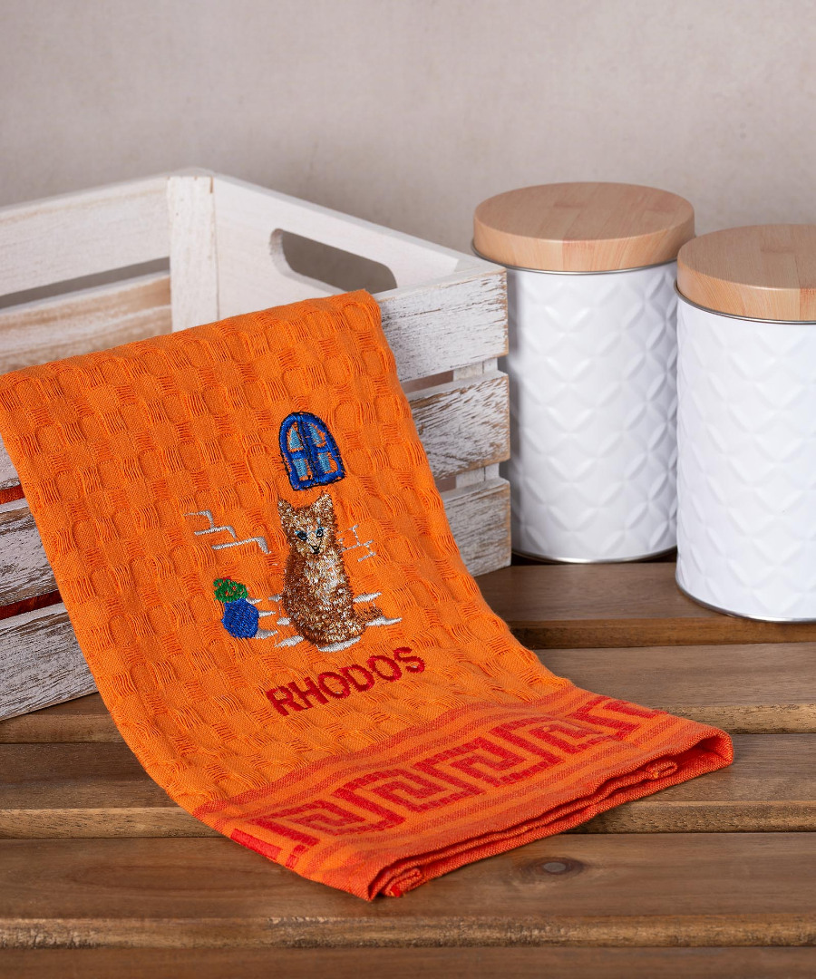 Σετ 12 τεμαχίων ποτηρόπανα γκοφρέ (50cm x 70cm) πορτοκαλί γάτα RHODES