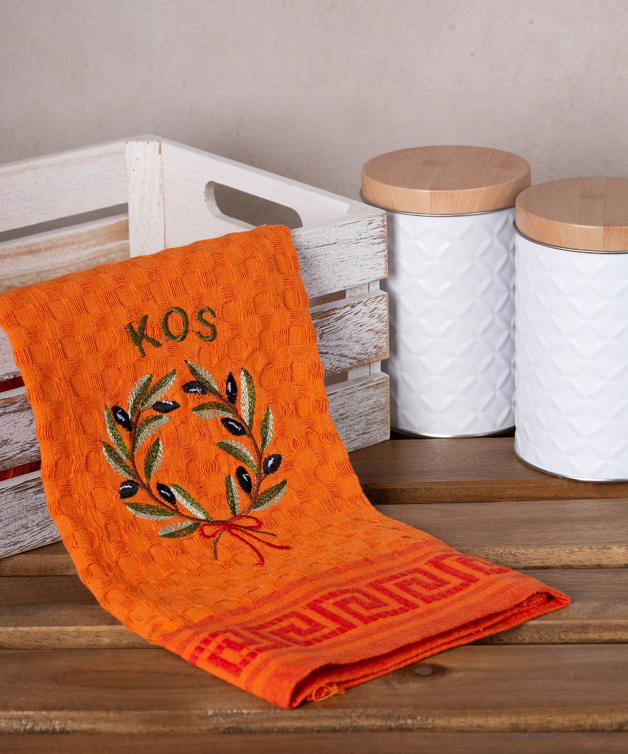 Σετ 12 τεμαχίων ποτηρόπανα γκοφρέ (50cm x 70cm) πορτοκαλί στεφάνι KOS
