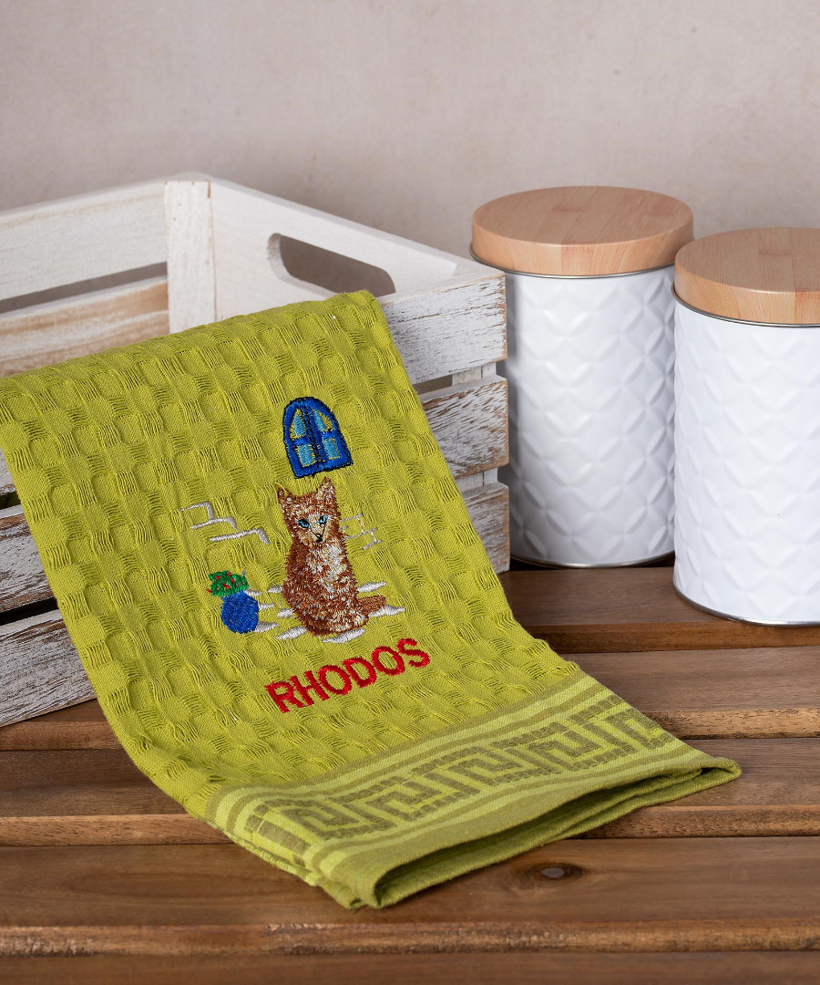 Σετ 12 τεμαχίων ποτηρόπανα γκοφρέ (50cm x 70cm) πράσινο γάτα RHODES