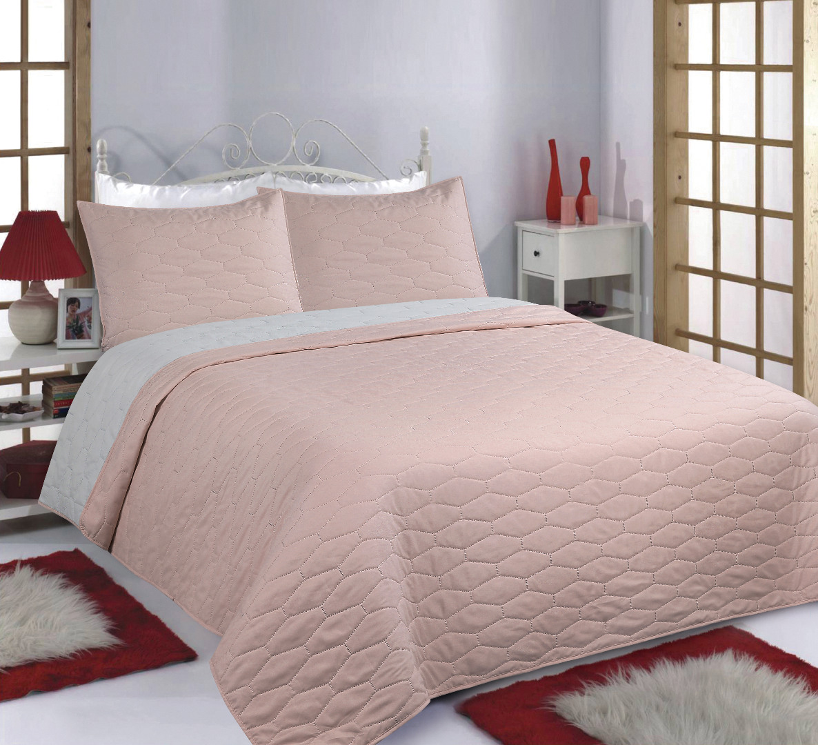 ΚΟΥΒΕΡΛΙ σετ (170cm x 240cm + 1 x 50cm x 70cm) RUBY pink/grey