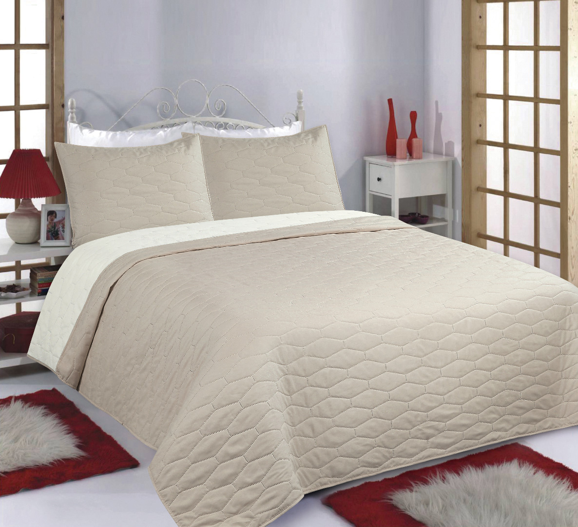 ΚΟΥΒΕΡΛΙ σετ (220cm x 240cm + 2 x 50cm x 70cm) RUBY beige/ivory