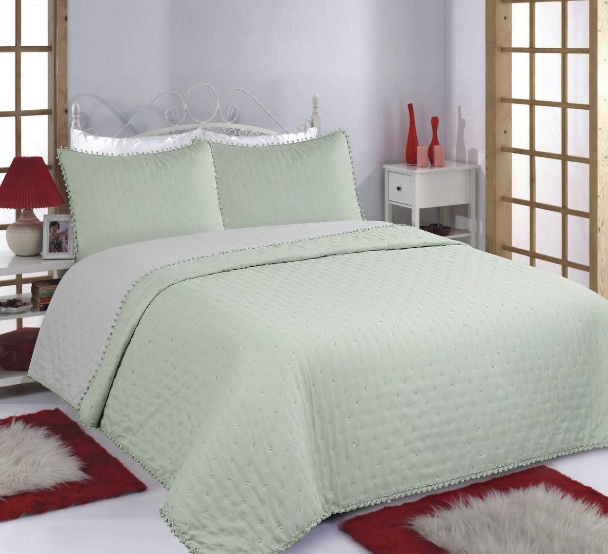 ΚΟΥΒΕΡΛΙ σετ (220cm x 240cm +2x50cm x 70cm) PON-PON mint/grey