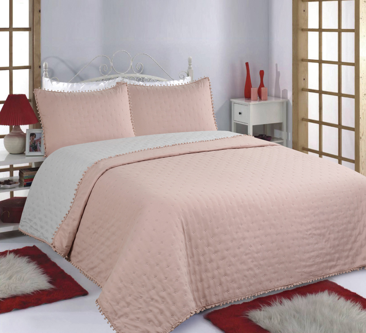 ΚΟΥΒΕΡΛΙ σετ (220cm x 240cm +2x50cm x 70cm) PON-PON pink/grey
