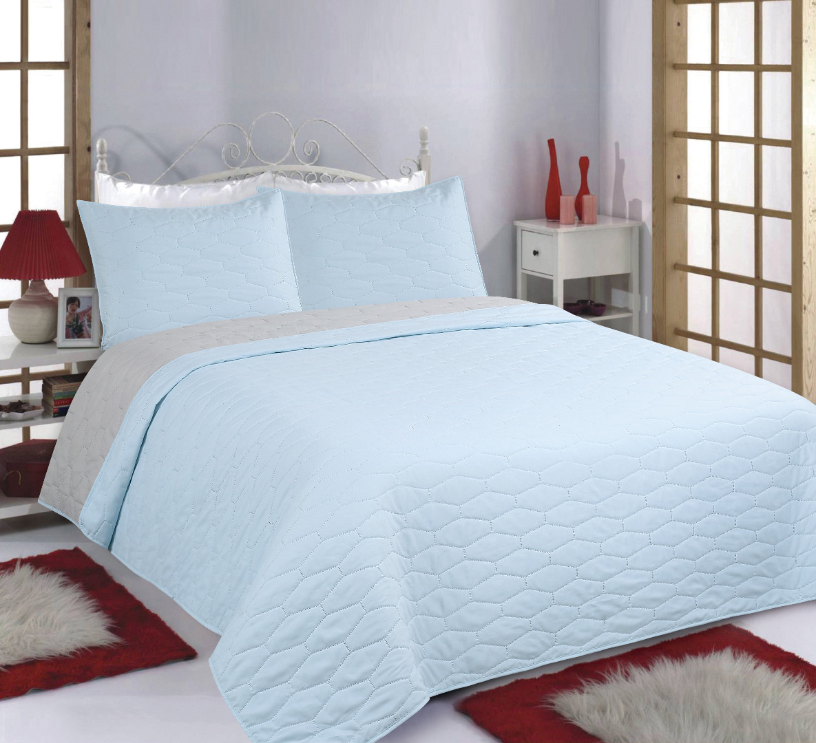 ΚΟΥΒΕΡΛΙ σετ (240cm x 260cm + 2 x 50cm x 70cm) RUBY sky blue/ grey