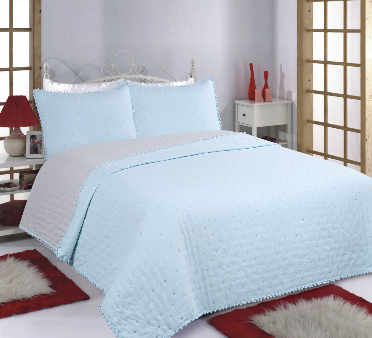 ΚΟΥΒΕΡΛΙ σετ (240cm x 260cm +2x50cm x 70cm) PON-PON sky blue/ grey